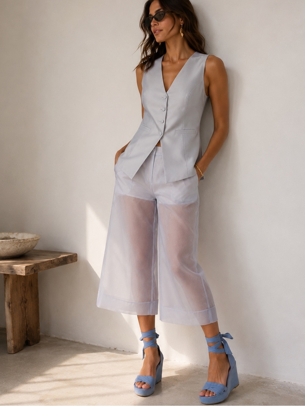Stuart Weitzman Swiftsong Suede Wrap Wedge Sandals Slate Blue Ethereal Romantic